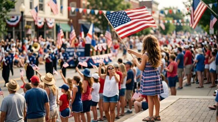 Flag day celebration girl waving american flag in town parade