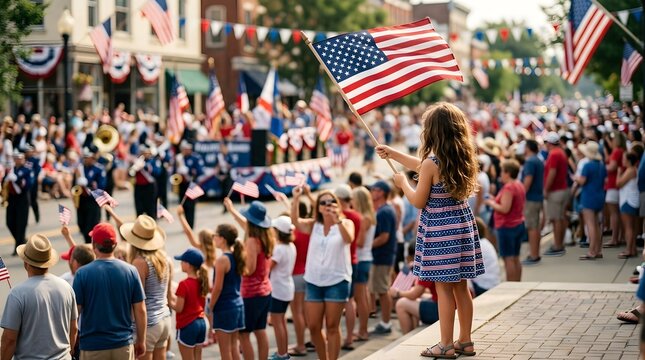 Flag day celebration girl waving american flag in town parade