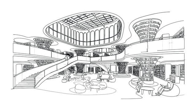 Architectural sketch of a modern library interior with atrium.