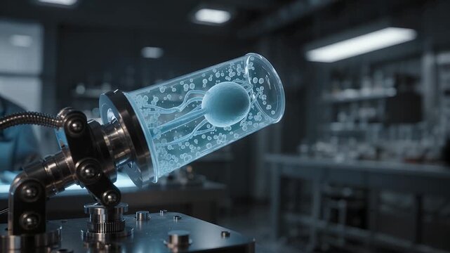 Glass Chamber with Rotating Liquid Sphere in Laboratory Representing Advanced Chemical Reaction Research and Fluid Dynamics