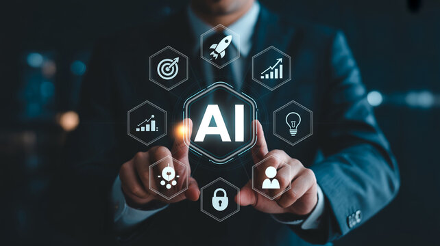 A businessman in a dark suit uses his fingers to interact with a prominent glowing AI hexagon, surrounded by various interconnected technology icons.