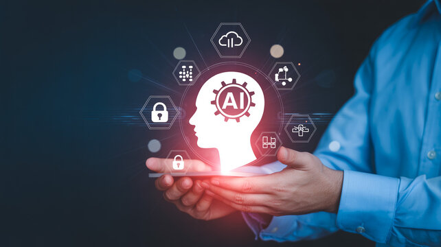 A person in a blue shirt holds their hand out, presenting a radiant AI head icon surrounded by a swirling network of digital technology symbols.