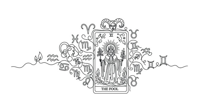 The Fool Tarot Card with Zodiac Signs Illustration.