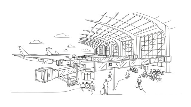 Hand drawn illustration of a modern airport terminal interior with passengers and airplane.