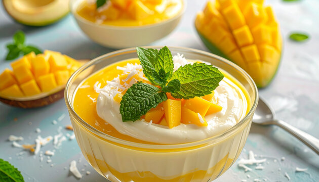 Fresh fruit yogurt bowl with peaches and mango served in a white glass bowl as a healthy creamy breakfast dessert snack with sweet yellow citrus fresh gourmet ingredients
