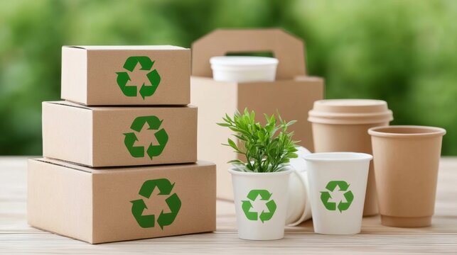 Eco friendly recyclable cardboard box and paper cup with green plant on wooden table with natural green background for sustainable environment and zero waste concept