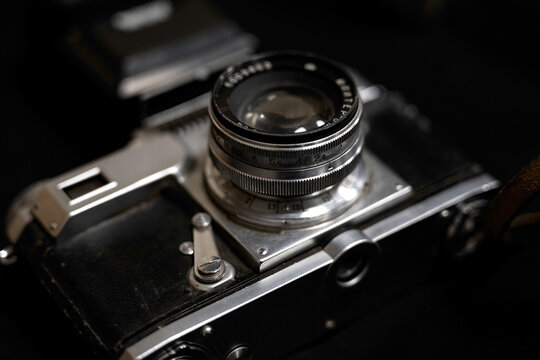 Karachi, Pakistan - September 25, 2025: close-up view of a vintage camera. reflects the early history of photography and traditional camera engineering.