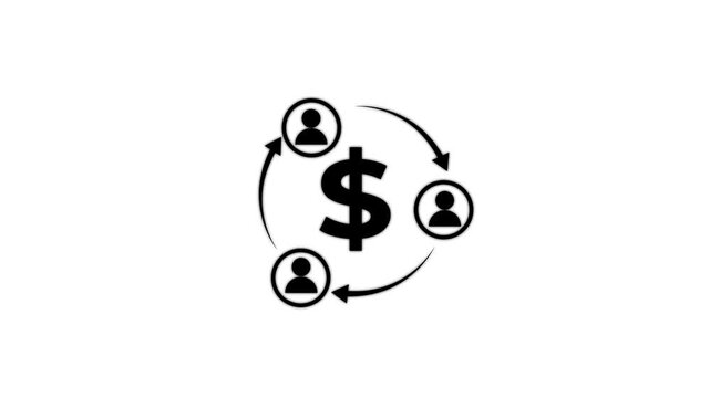 Online collaboration circular flow of money and people with a dollar sign at the center surrounded by three human figures in a continuous loop with arrows indicating movement.