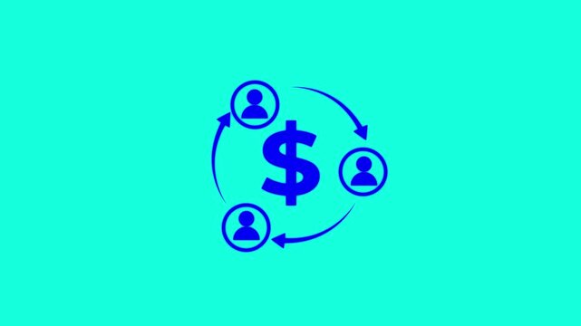 Online collaboration circular flow of money and people with a dollar sign at the center surrounded by three human figures in a continuous loop with arrows indicating movement on green background.