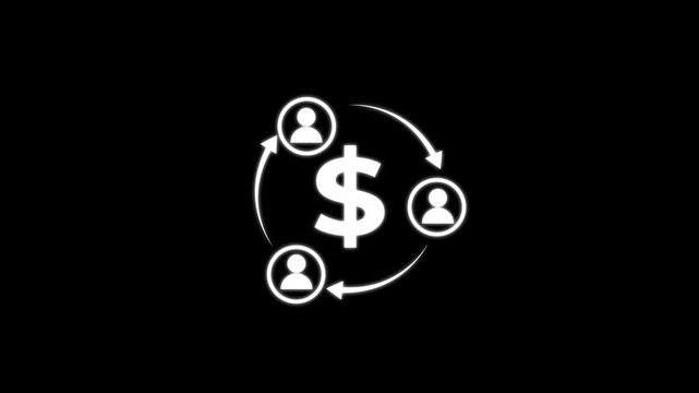 Online collaboration circular flow of money and people with a dollar sign at the center surrounded by three human figures in a continuous loop with arrows indicating movement on black background.