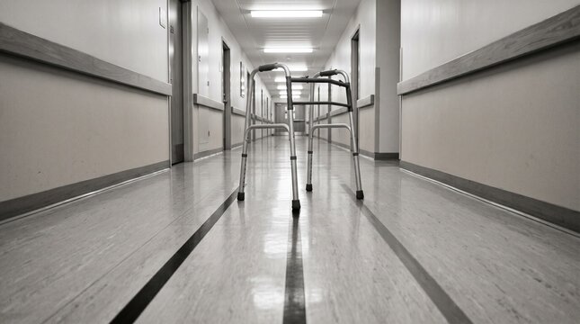 Walking frame alone in care corridor &mdash; absence and aging, elder care concept