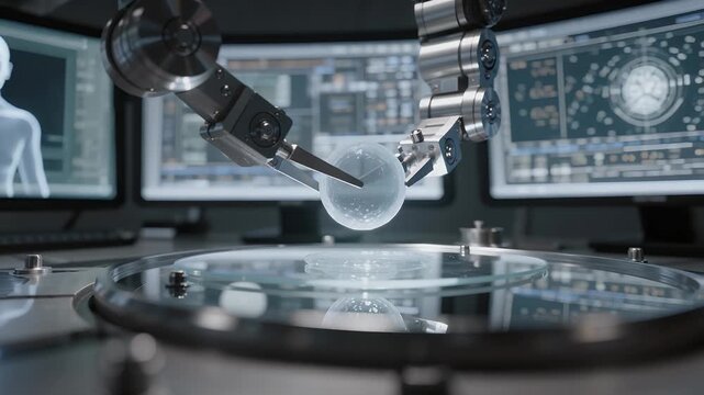 Robotic System Performing Automated Needle Procedure with Biological Data Monitor Background Representing Digital Healthcare and AI Medicine