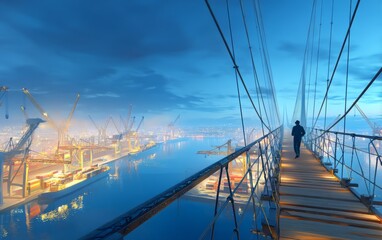 Fototapeta premium Man walking on suspension bridge over industrial port at dusk with cranes