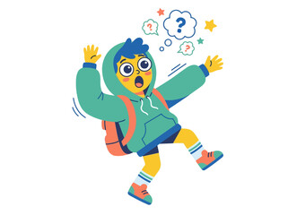 Fototapeta premium Confused child with question marks expressing surprise in an illustration style