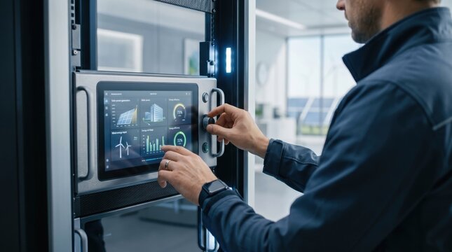 Technician adjusting settings on industrial server panel touchscreen display, data center maintenance worker operating control interface, smart facility management and hardware
