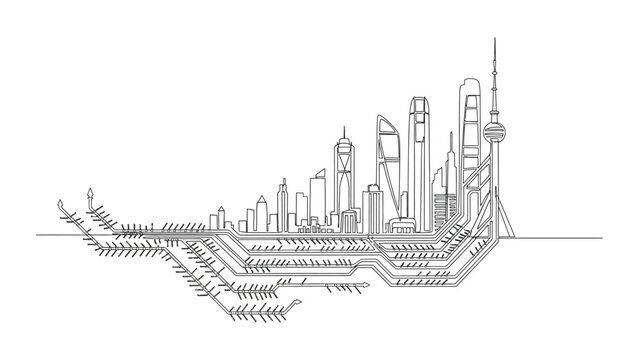 Architectural line art drawing of a modern cityscape skyline with underground infrastructure layers.