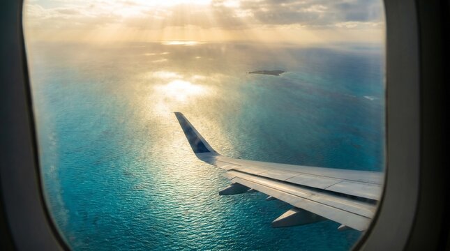Vista deslumbrante da janela do avi&atilde;o: asa sobre o mar azul turquesa com raios de sol e uma ilha tropical ao fundo