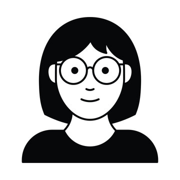 Woman with Glasses Avatar | Young Female with Bob Haircut Vector. Minimalist black and white vector illustration of a friendly young woman with a neat bob haircut and round glasses. Smiling female ava