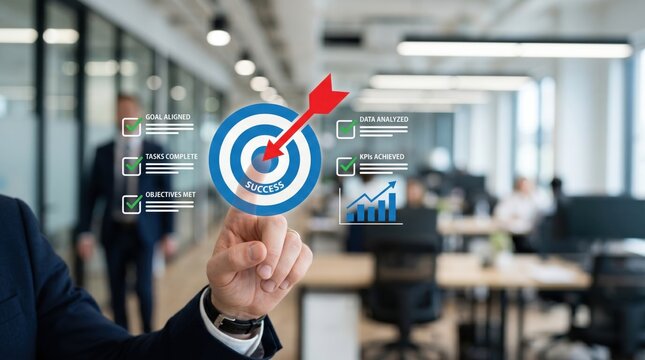 Business success strategy concept with red arrow hitting target center, corporate goal achievement dashboard showing kpis, tasks complete checklist and growth chart in modern
