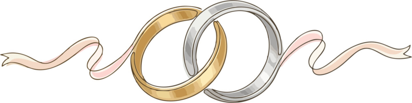 Interlocking Gold and Silver Wedding Rings with Elegant Ribbon, Romantic Marriage Vector Illustration