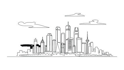 Obraz premium Continuous line drawing of a modern cityscape skyline.