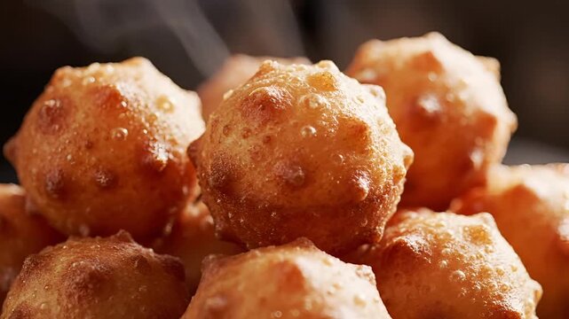 Delicious Golden Fried Dough Balls Close Up Shot.
