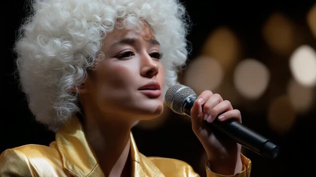 Female singer with curly wig performing on stage in gold jacket