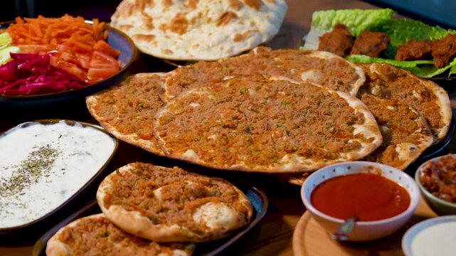 Full Turkish Family Feast Table with Traditional Food, Grilled Meat, Meze and Rustic Bread