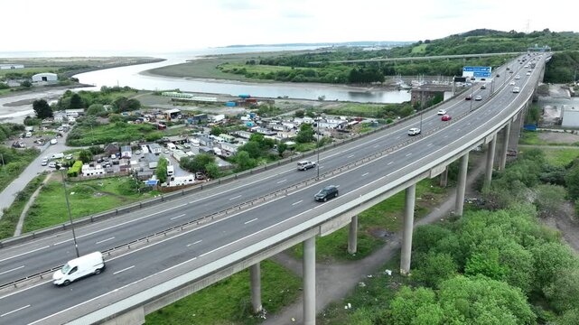 Editorial Neath, UK - May 10, 2026: Traffic on the M4 motorway over the River Neath at Briton Ferry looking west towards Mumbles in Swansea in South Wales