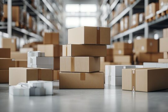 Boxes are stacked and placed on the warehouse floor during a busy shipping day