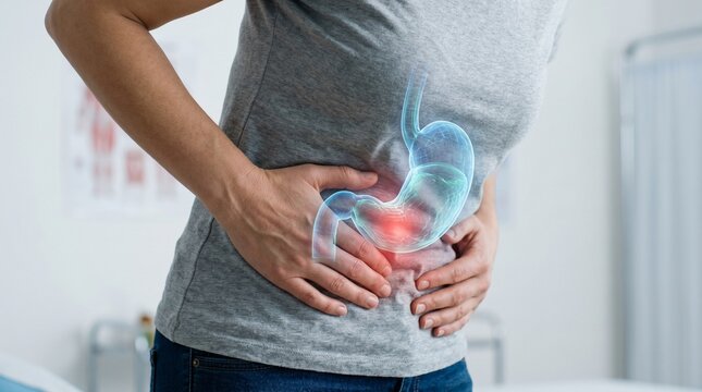 A person experiencing stomach pain, with a glowing overlay showing the digestive system and a red spot indicating discomfort.
