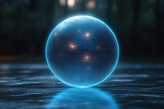 3D wireframe sphere glowing softly in a minimal environment at dusk