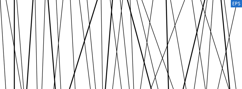 Straight chaotic random diagonal elements on white canvas creating chaos. Abstract monochrome texture with angled triangular shapes and minimalist black outlines. Isolated vector illustration