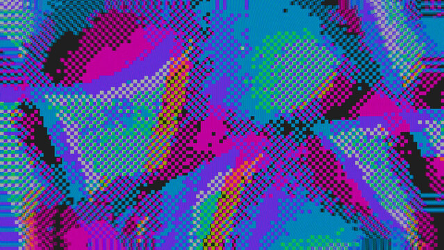 8bit Pixel Glitch Texture with Neon Purple and Blue Scanline Artifacts