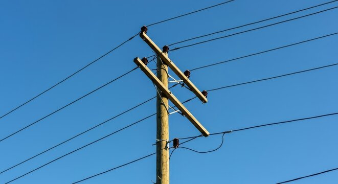 A massive wooden utility pole and electrical distribution network supporting vital wires, photographed from a low angle against a vast, bright, clear blue sky, transmission, network, electricity