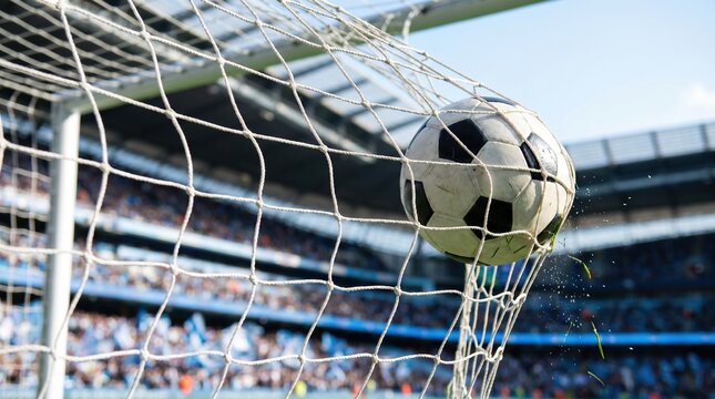 A soccer ball hits the back of the net during a match in a crowded stadium on a sunny day.