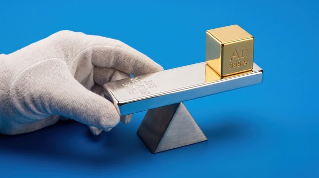 A gloved hand balances a gold bar on a silver bar resting on a metal triangular prism against a vibrant blue background.