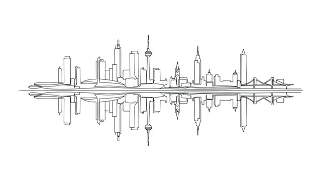 Minimalist hand drawn line art illustration of the Kuwait City skyline with reflection.