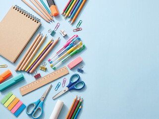 Fototapeta premium Back to School Supplies Arrangement on Blue Background with Copy Space - Creative Education and Stationery Flat Lay for Banner and Marketing