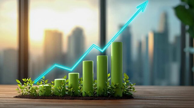 A green histogram of wooden bars growing out of leaves, with a glowing arrow pointing upwards against the backdrop of a blurred city.	