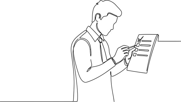 Man checking off items on a to-do list with a pen, minimalist line art style.