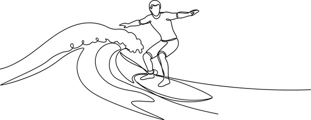 Fototapeta premium Surfer riding wave, continuous line art, minimalist, dynamic action