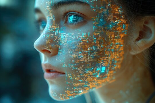 Human face covered by machine code and wires in a minimal setup with high resolution