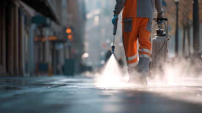 Worker in protective clothing cleaning urban street with high pressure water spray