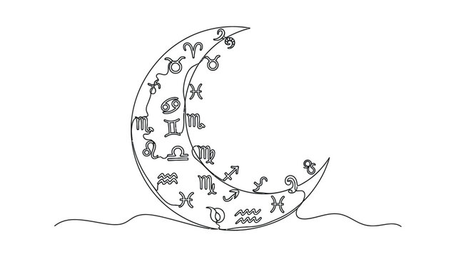 Continuous line drawing of a crescent moon filled with zodiac signs.