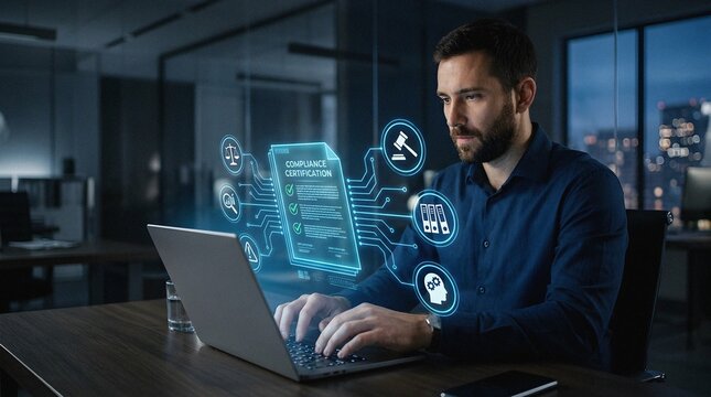 Digital Compliance Certification Review: Professional Man Using Laptop