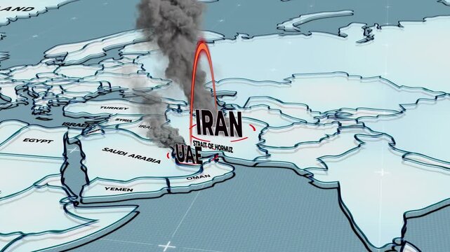 A 3D world map highlights UAE, and Iran, the Middle East, IRAN map, UAE map, Dubai,