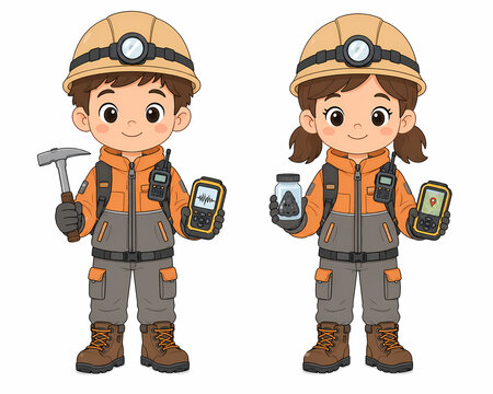 Cute Boy and Girl Geologists Wearing Orange and Gray Field Jackets, Safety Helmets, Cargo Pants and Hiking Boots Holding Rock Samples and GPS Devices Cartoon Illustration