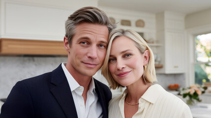 Fototapeta premium Smiling elegant couple posing together in bright modern white kitchen interior. Happy homeowners satisfied with renovated home design, expressing warmth, trust and domestic comfort together.