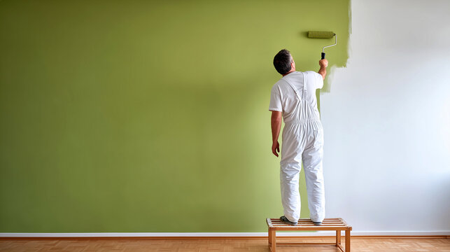 Professional painter in white overalls standing on stool rolling olive green paint over white wall in bright empty room with wooden parquet floor. Interior renovation wall painting service concept.